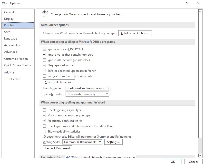 MS office Proofing setting 